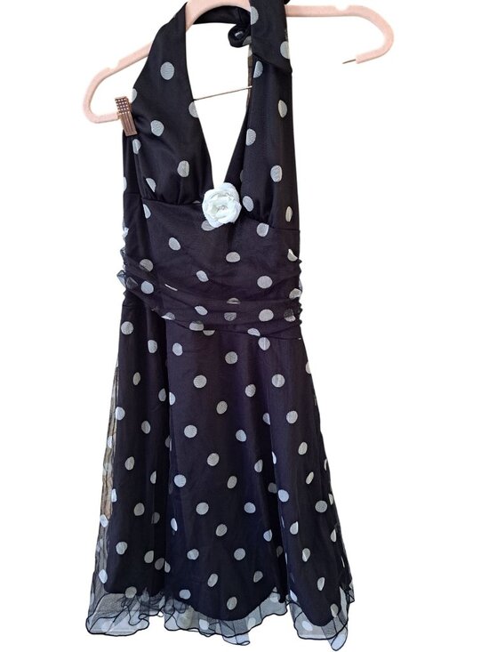 Ruby Rox Dresses & Skirts - Vtg Ruby Rox Black Polka Dot Halter Dress W/ White Flower Applique L Rockabilly